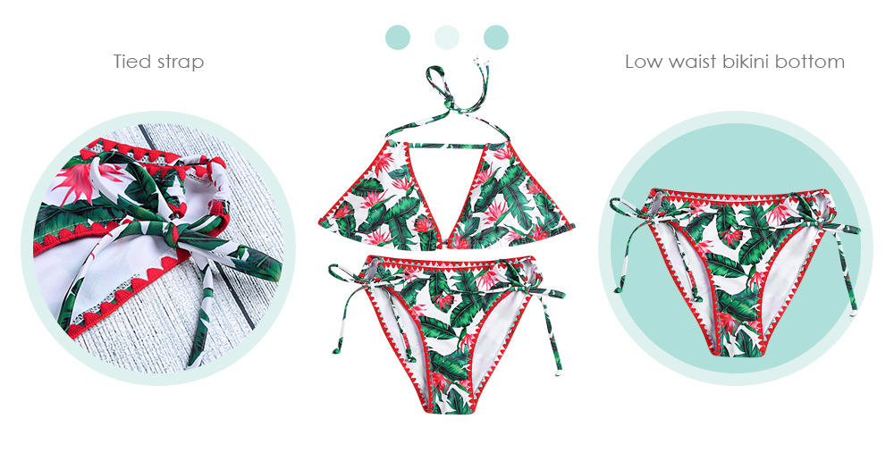 Halter Neck Backless Padded Leaf Print Low Waist Tied Strap Women Bikini Set Halter Neck Backless Padded Leaf Print Low Waist Tied Strap Women Bikini Set