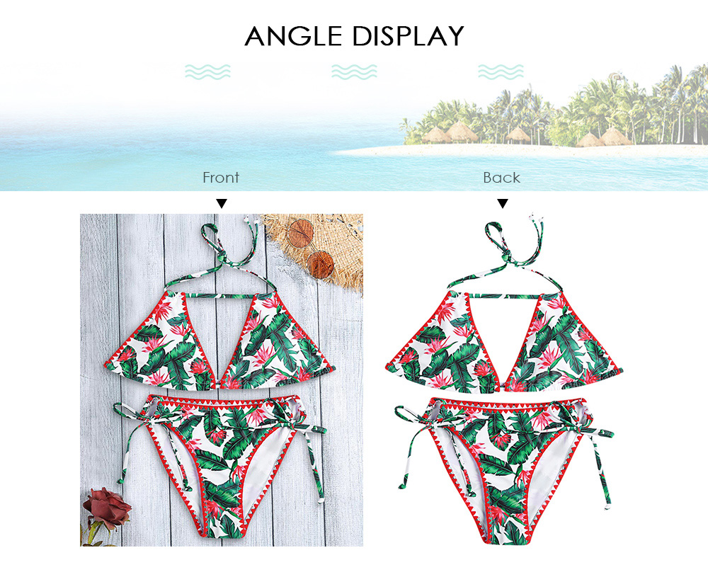 Halter Neck Backless Padded Leaf Print Low Waist Tied Strap Women Bikini Set Halter Neck Backless Padded Leaf Print Low Waist Tied Strap Women Bikini Set
