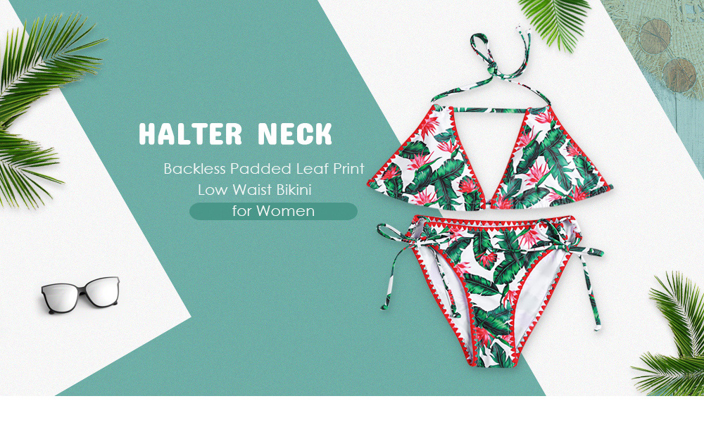Halter Neck Backless Padded Leaf Print Low Waist Tied Strap Women Bikini Set Halter Neck Backless Padded Leaf Print Low Waist Tied Strap Women Bikini Set